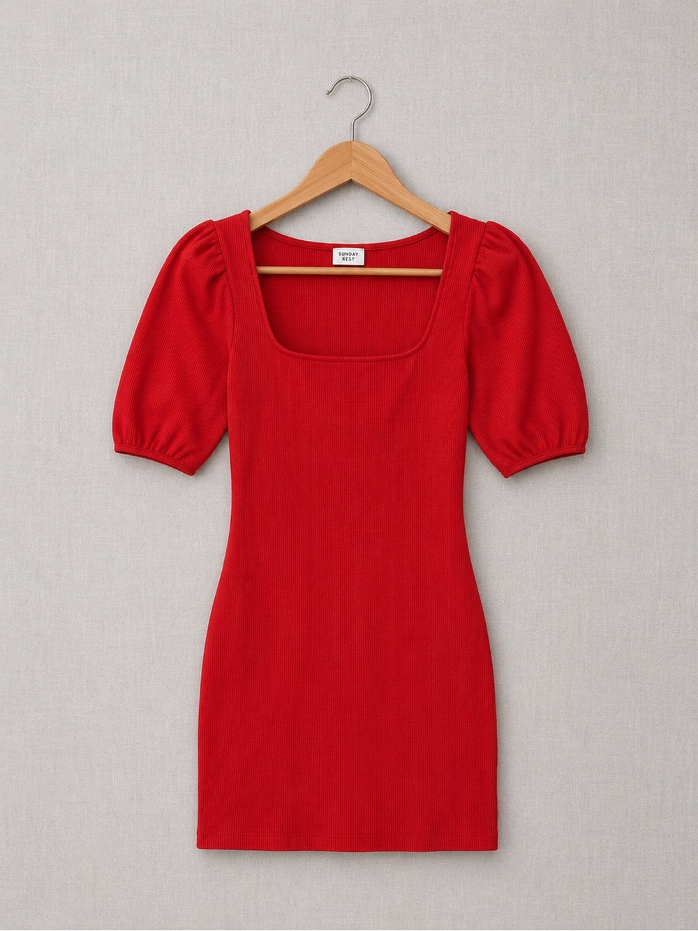Sunday Best Red Square-Neck Puff Sleeve Ribbed Bodycon Mini